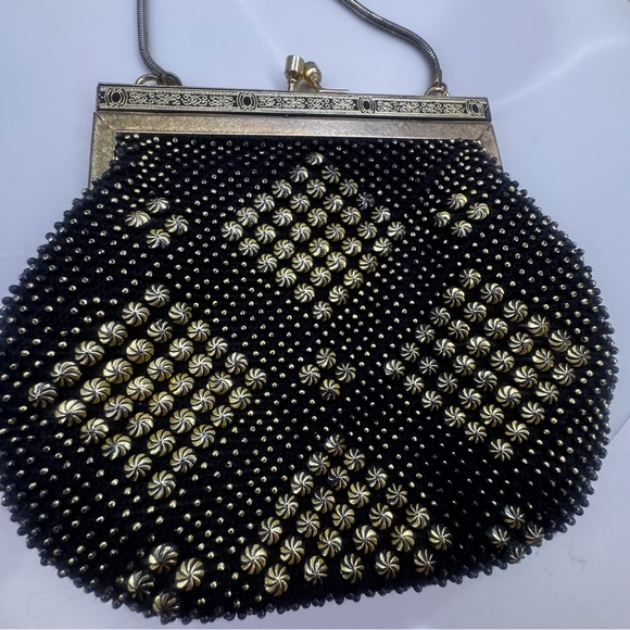 vintage 70s black studded purse beaded evening bag handbag w kiss clasp closure - Picture 3 of 10